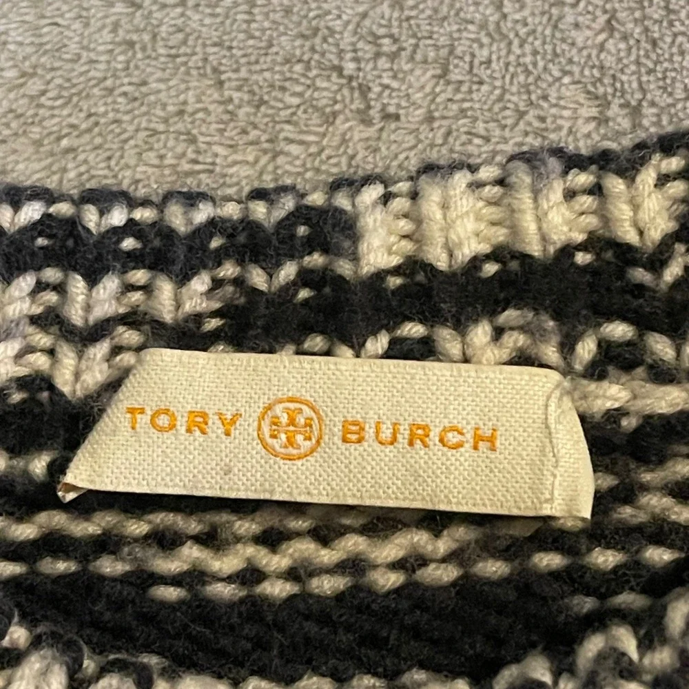 Tory Burch Sweater Womens Small Black White 100% Merino Wool Abstract Crewneck